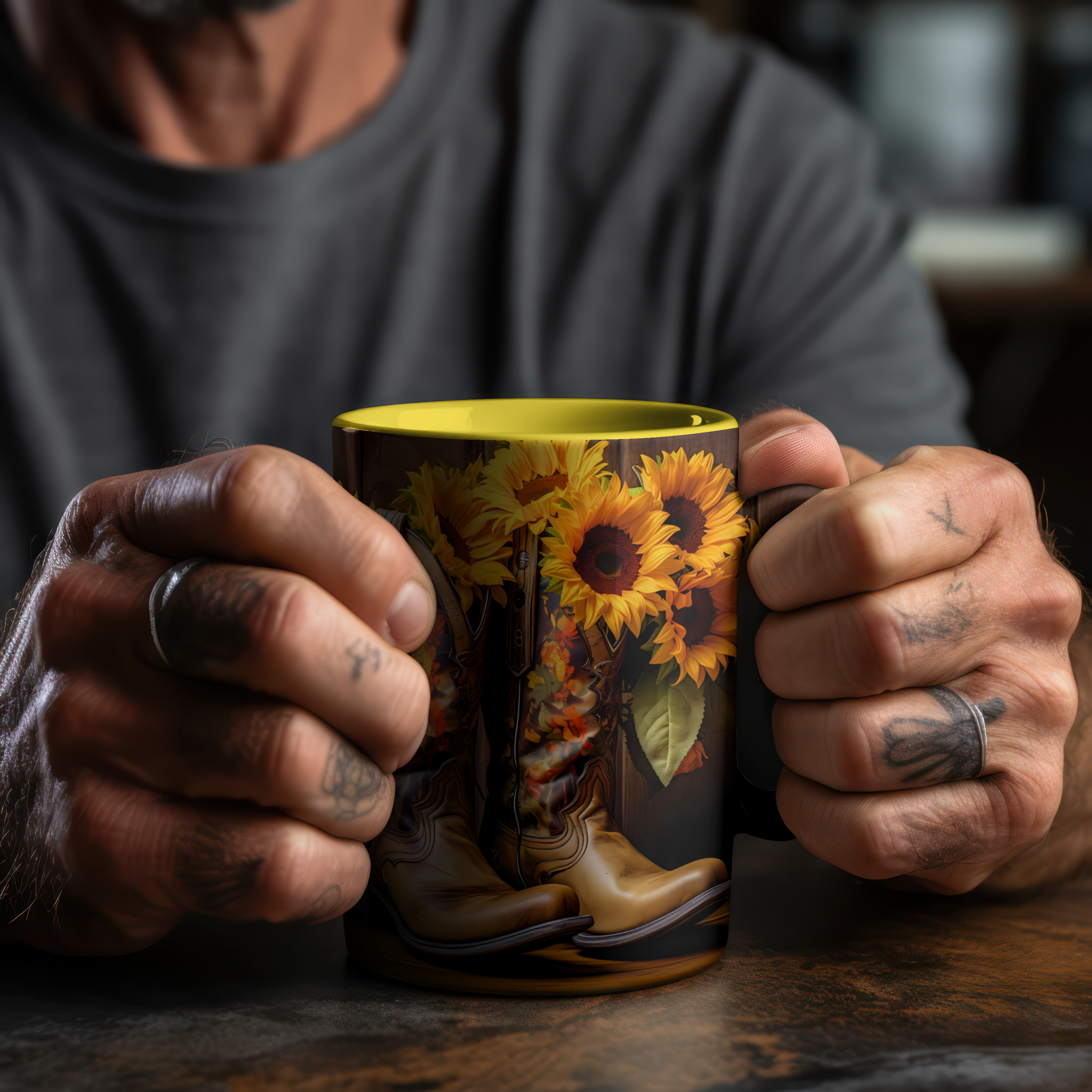 Tattooed hands holding a custom printed mug — made in the Gold Coast workshop